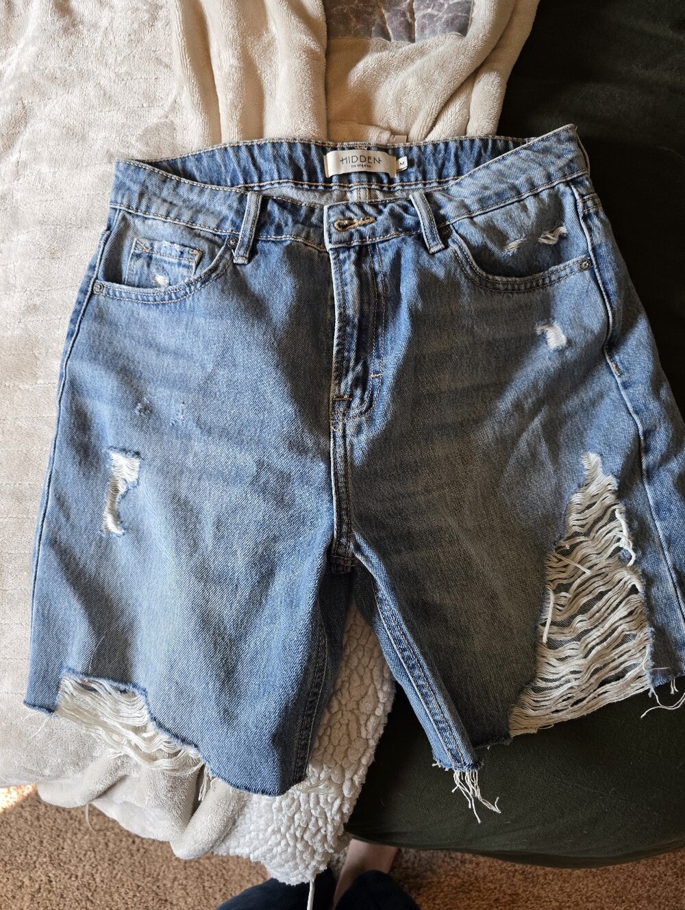 Hidden Denim High-Rise Distressed Denim Shorts - Light Blue